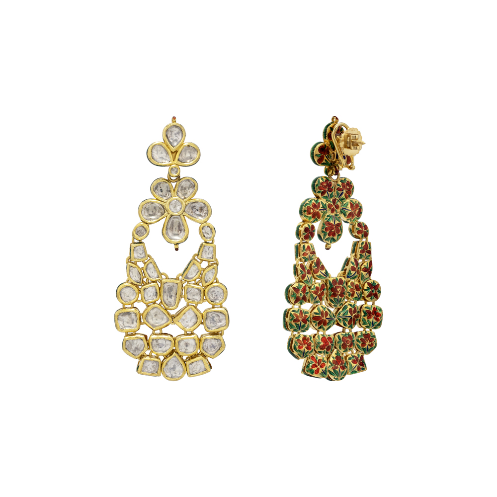 Floral Cascade Earrings with Polki & Gold Detailing